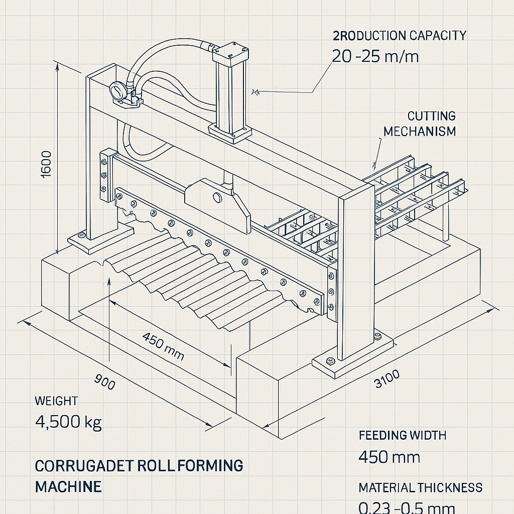 Corrugated Roll Forming Machine — labelled 3D blueprint