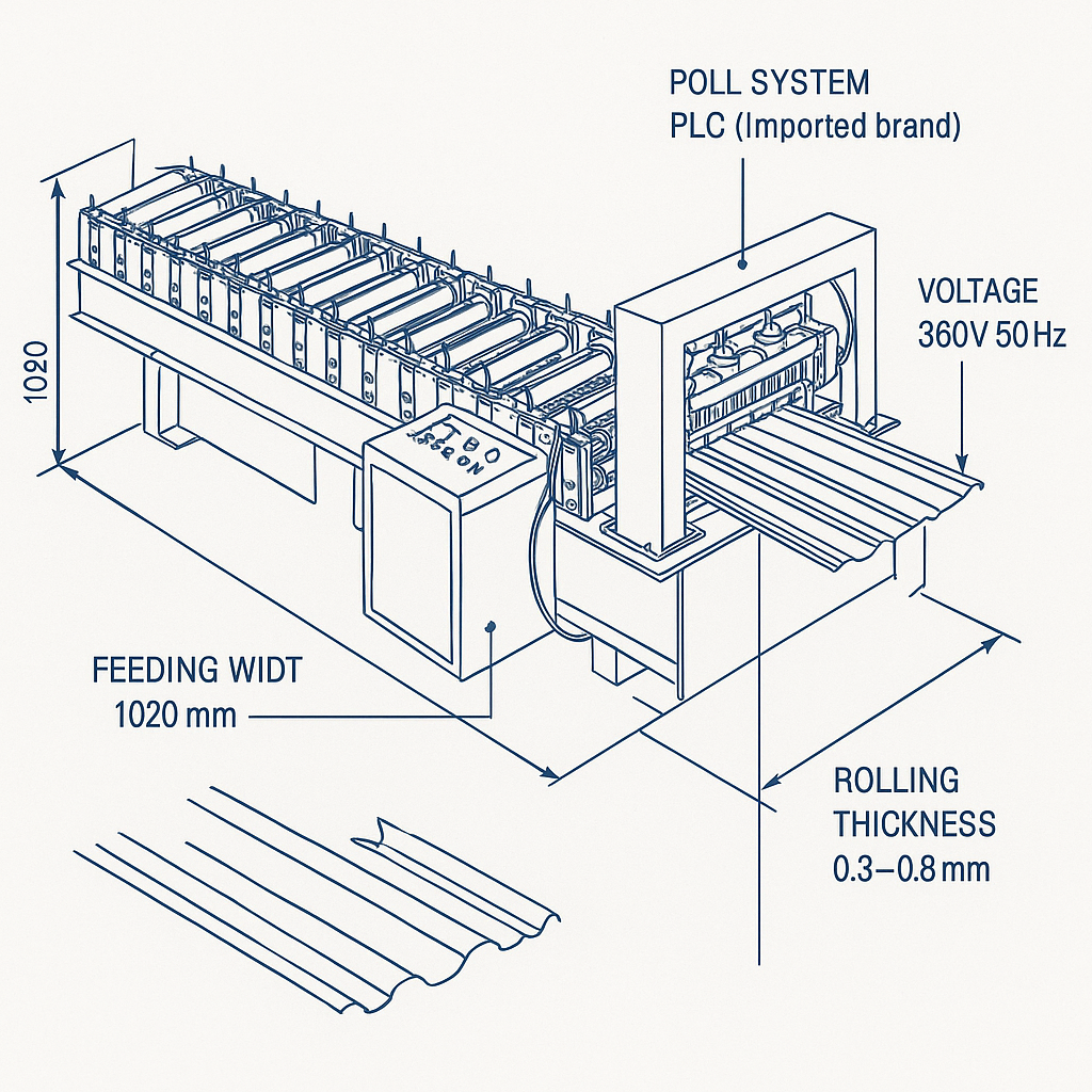 Corrugated Roofing Sheet Roll Forming Machine — labelled 3D blueprint