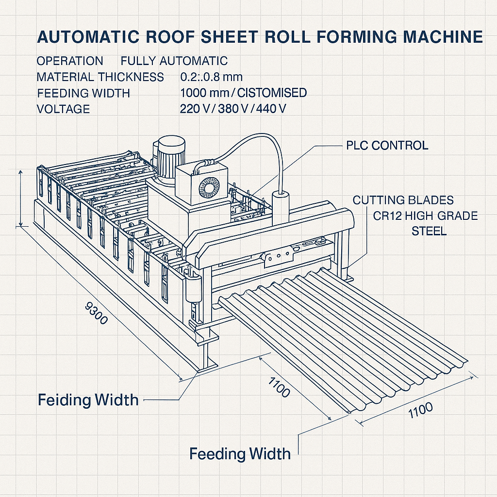 Automatic Roof Sheet Roll Forming Machine — labelled 3D blueprint