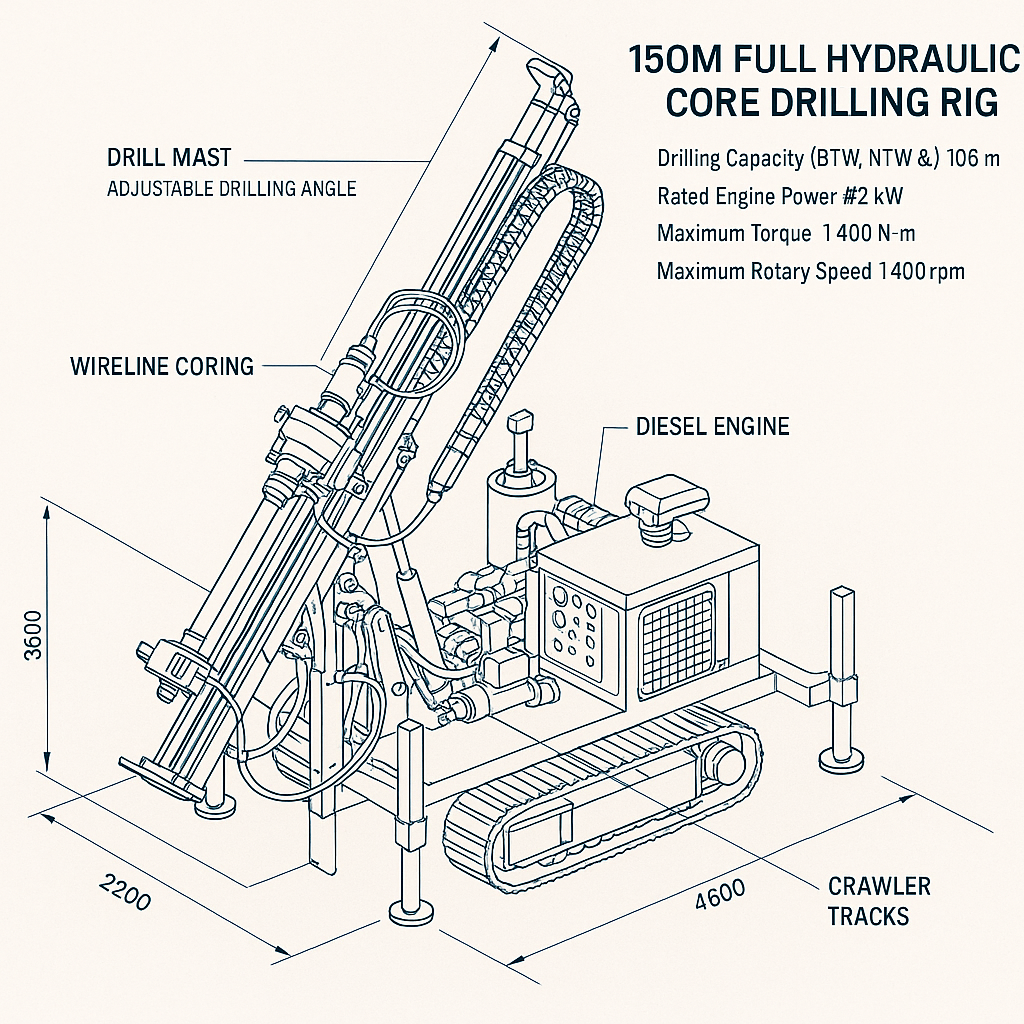150m Full Hydraulic Core Drilling Rig — labelled 3D blueprint
