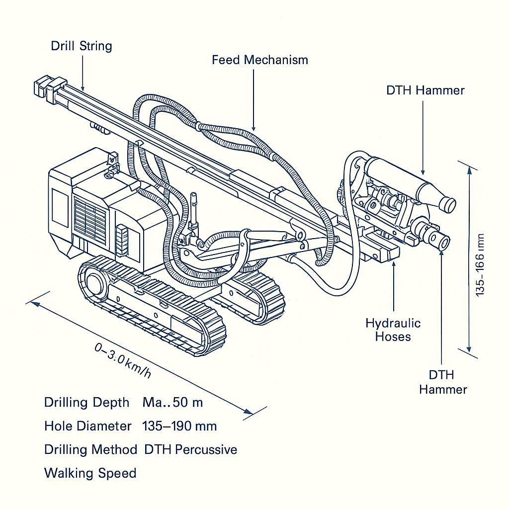 Crawler-Mounted Geotechnical Borehole Drilling Rig — labelled 3D blueprint