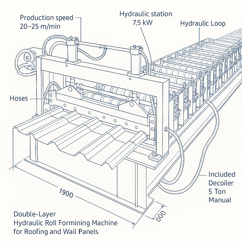 Double-Layer Hydraulic Roll Forming Machine for Roofing and Wall Panels — labelled 3D blueprint