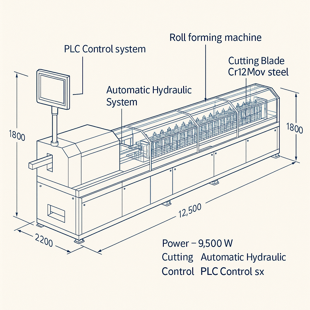 Steel Structure Roll Forming Machine for Light Steel Frames — labelled 3D blueprint