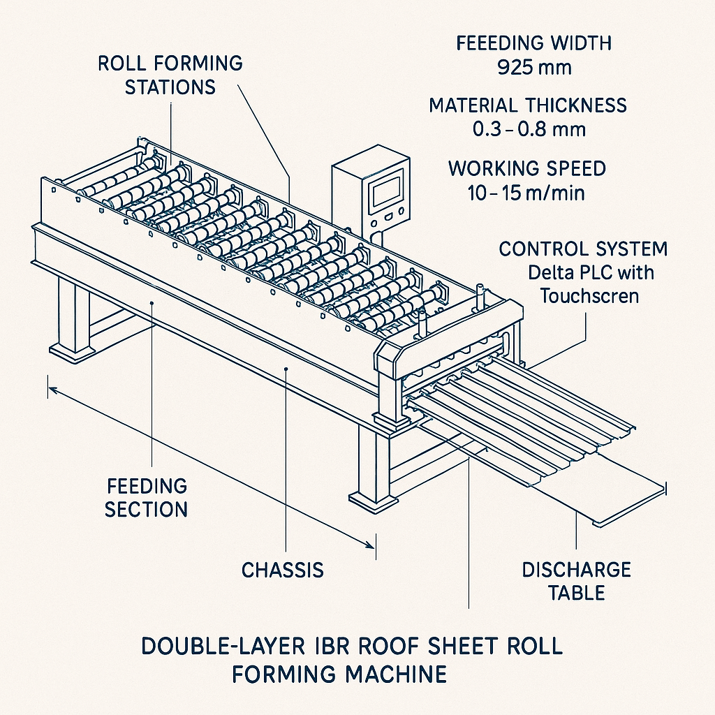 Double-Layer IBR Roof Sheet Roll Forming Machine — labelled 3D blueprint