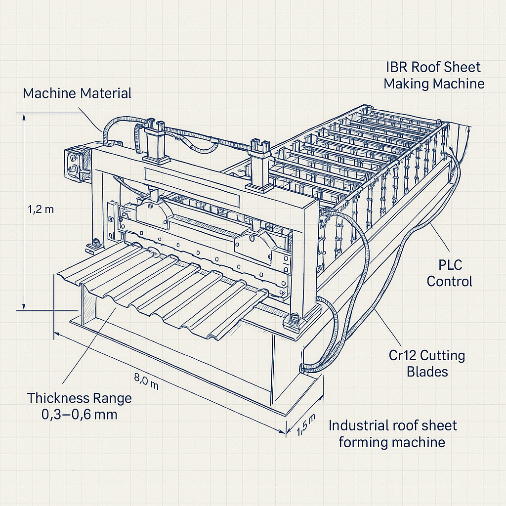 IBR Roof Sheet Making Machine — labelled 3D blueprint