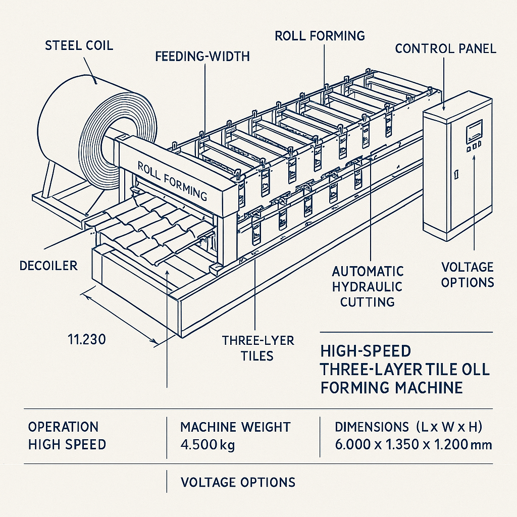 High-Speed Three-Layer Tile Roll Forming Machine — labelled 3D blueprint