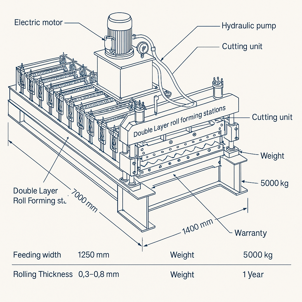 Metal Double Layer Roll Forming Machine for Corrugated Roof Sheets and Tiles — labelled 3D blueprint