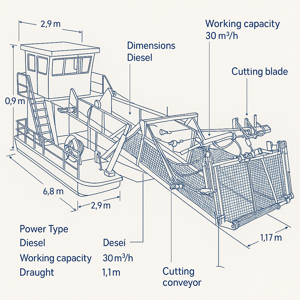 Aquatic Weed Harvester Boat — labelled 3D blueprint