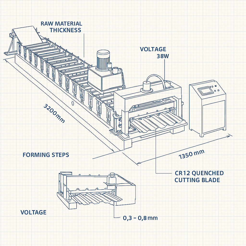 Low IBR Roofing Tile Trapezoidal Panel Roll Forming Machine — labelled 3D blueprint