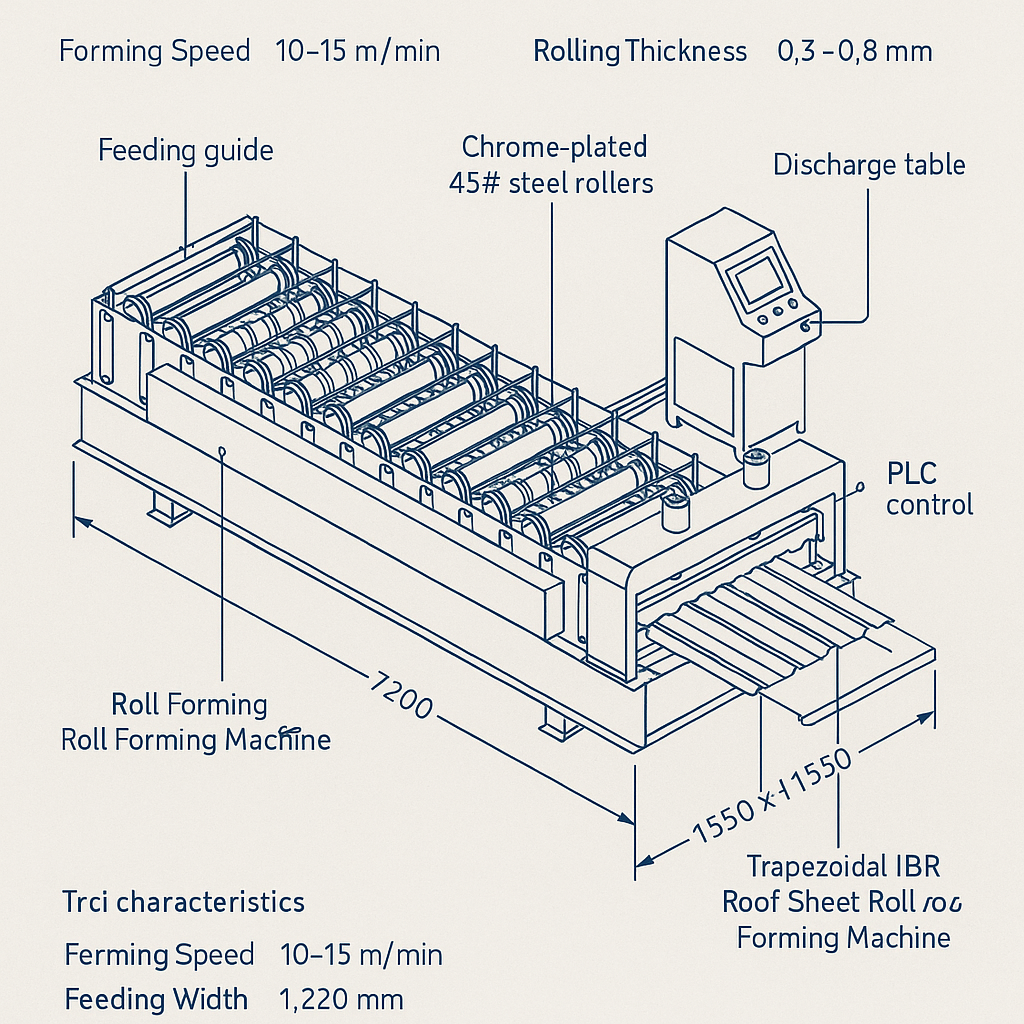 Trapezoidal IBR Roof Sheet Roll Forming Machine — labelled 3D blueprint