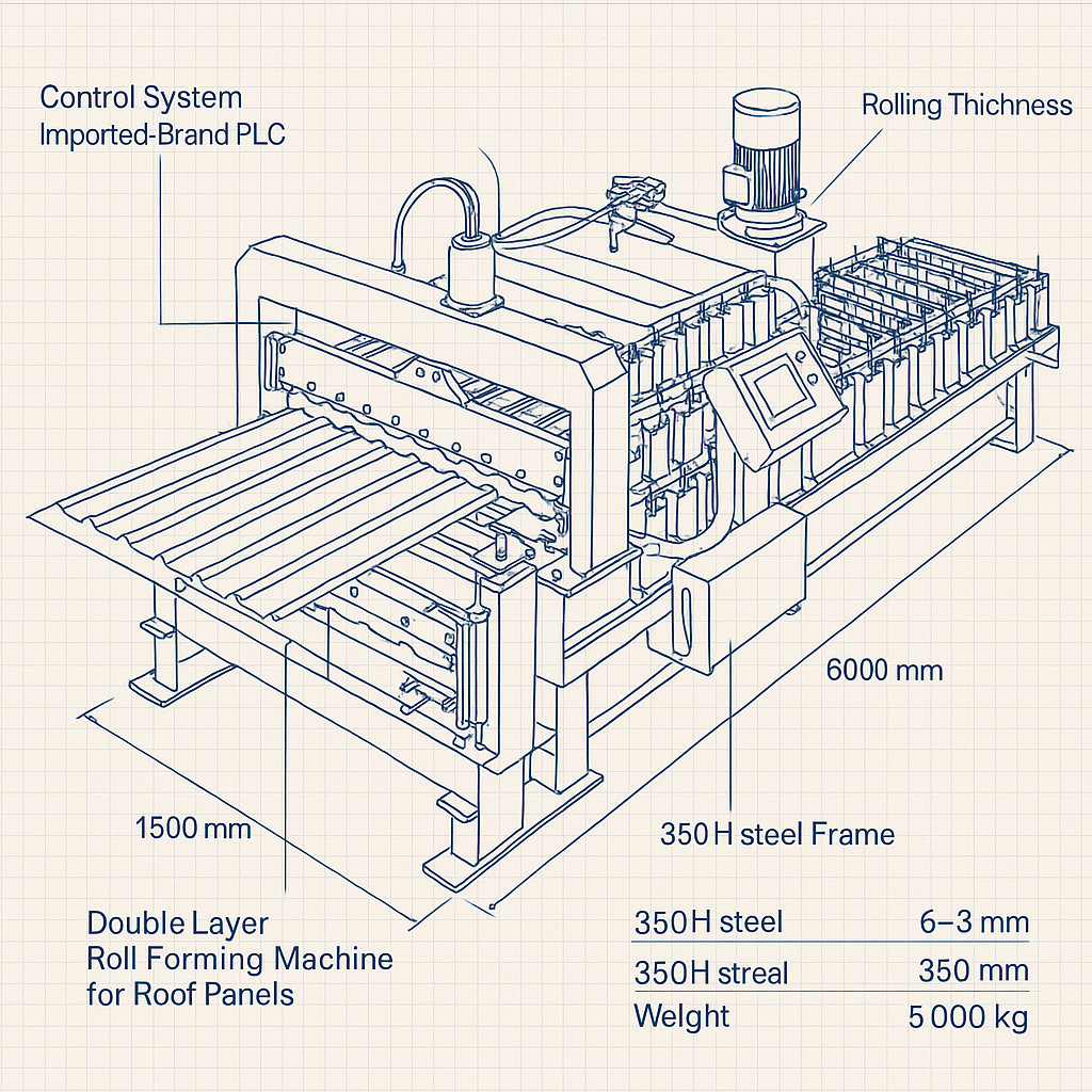 Double Layer Roll Forming Machine for Roof Panels — labelled 3D blueprint