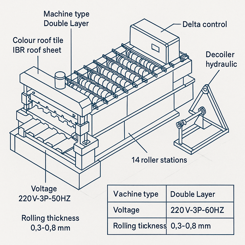 Double-Layer IBR Roof Sheet Roll Forming Machine — labelled 3D blueprint