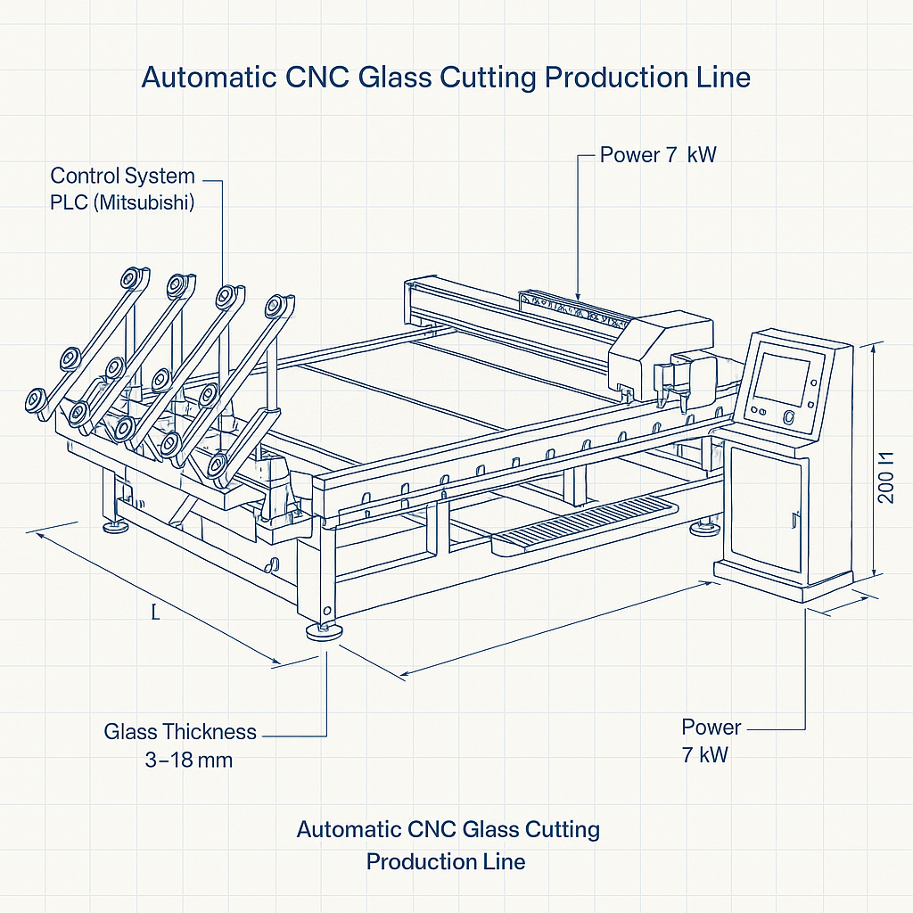 Automatic CNC Glass Cutting Production Line — labelled 3D blueprint