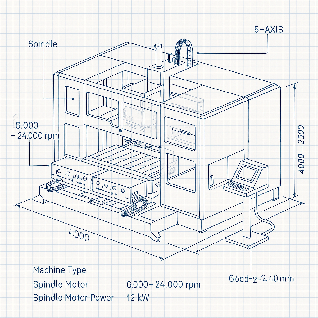 5-Axis CNC Wood Router For Small Business — labelled 3D blueprint