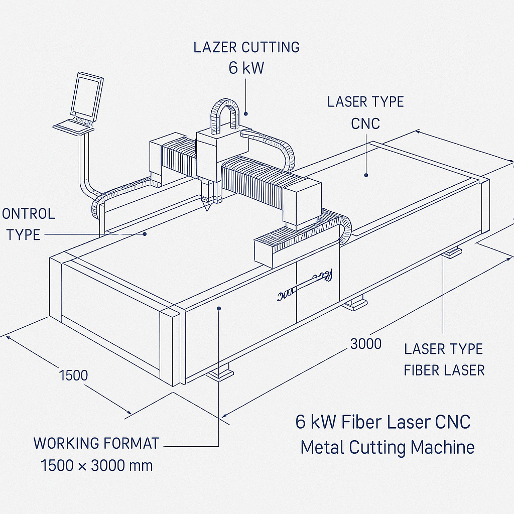 1500 x 3000 mm 6 kW Fiber Laser CNC Metal Cutting Machine — labelled 3D blueprint