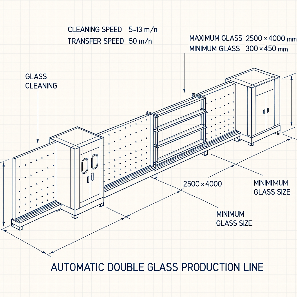 Automatic Double Glass Production Line — labelled 3D blueprint