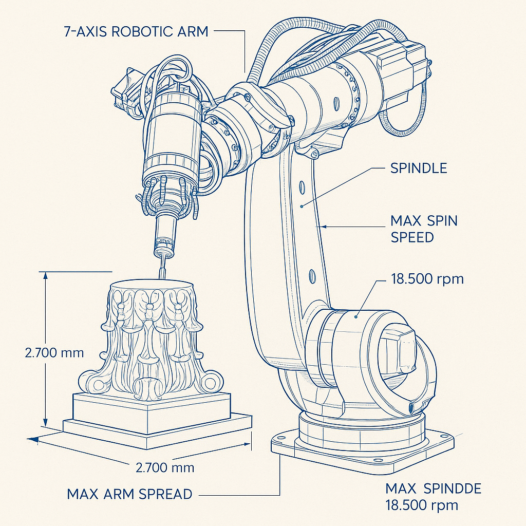 Hualong 7-Axis Robotic Arm CNC Router for Stone Carving — labelled 3D blueprint