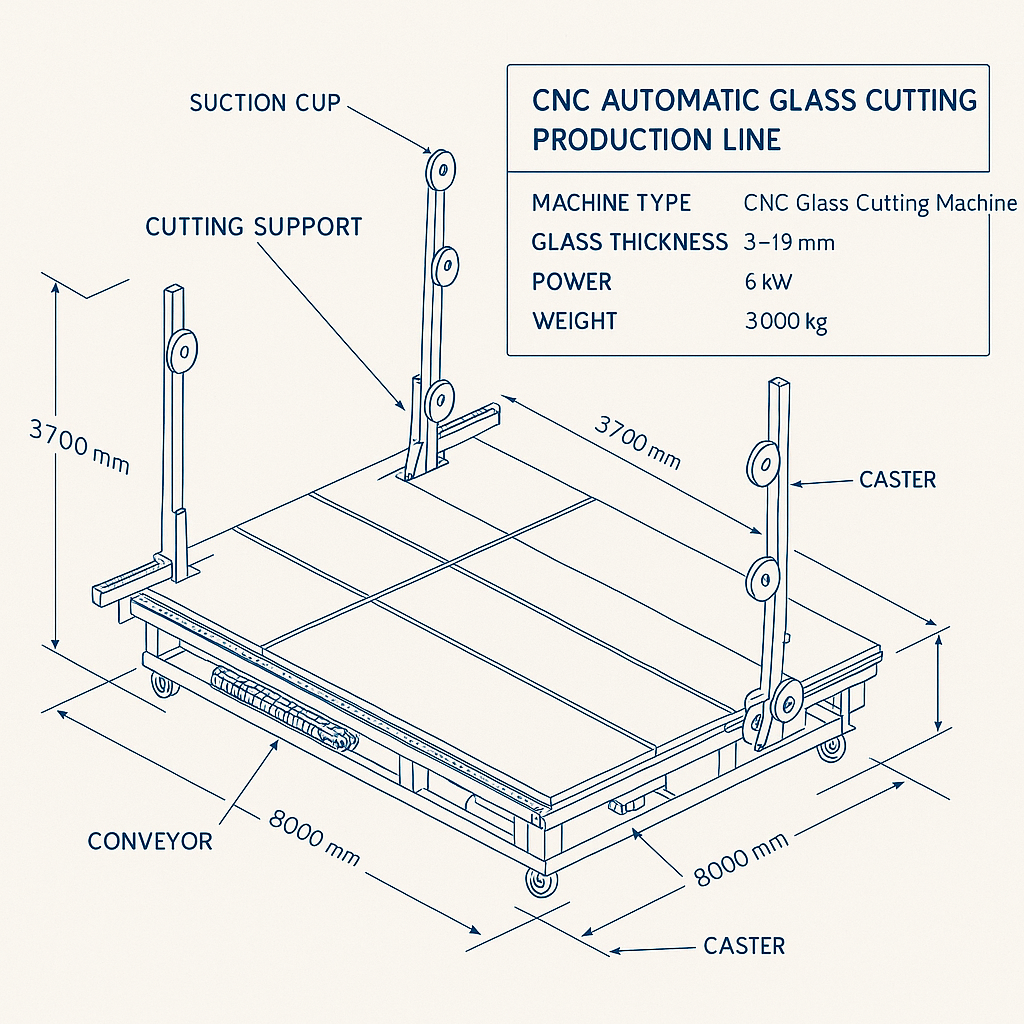 CNC Automatic Glass Cutting Production Line — labelled 3D blueprint