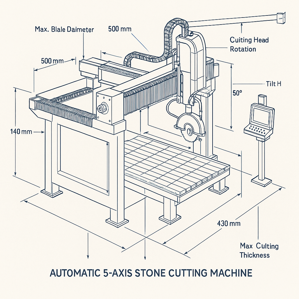 Automatic 5-Axis Stone Cutting Machine — labelled 3D blueprint