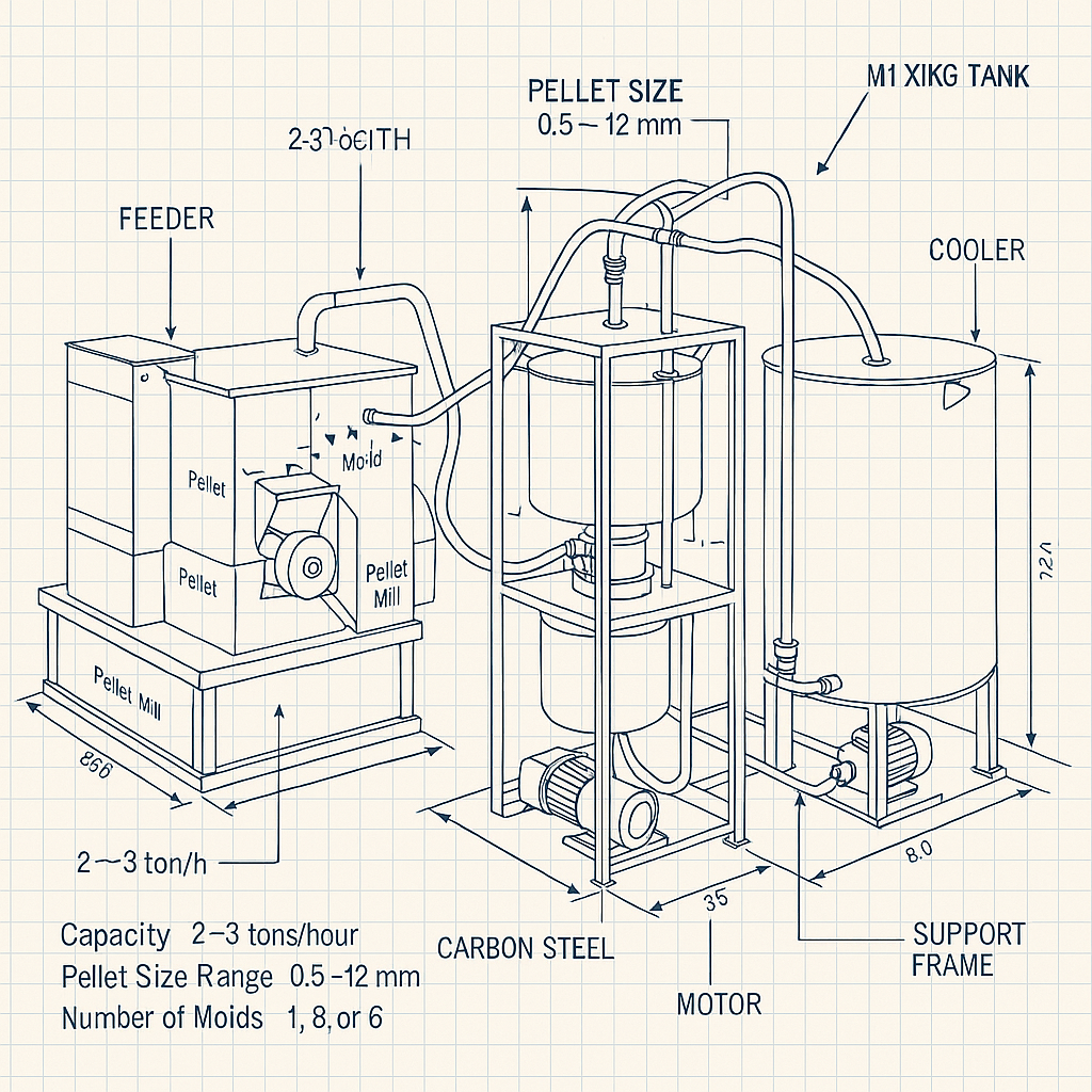 Complete Animal Feed Production Line for Livestock, Poultry and Sinking Fish — labelled 3D blueprint