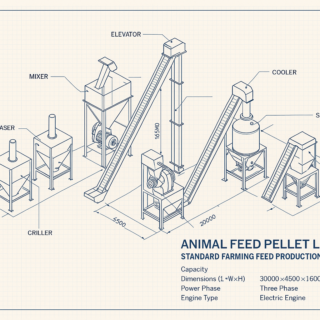 Animal Feed Pellet Line Standard Farming Feed Production Unit — labelled 3D blueprint