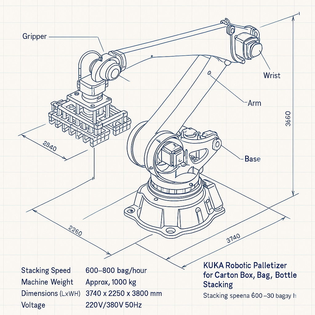 KUKA Robotic Palletizer for Carton Box, Bag, and Bottle Stacking — labelled 3D blueprint