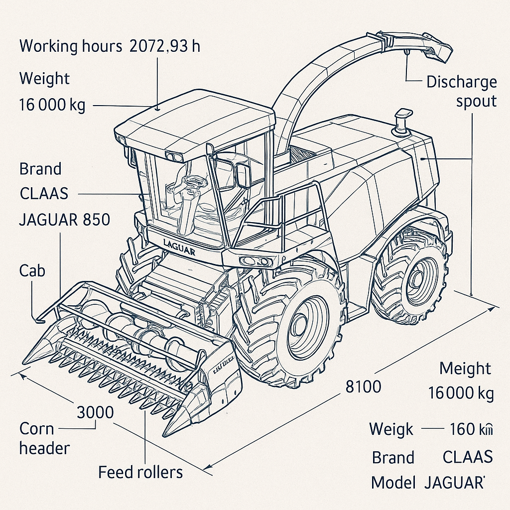 CLAAS JAGUAR 850 Used Self-Propelled Forage Harvester — labelled 3D blueprint
