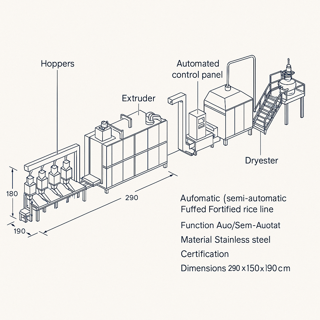 Certified Fully Automatic ISO9001 Low Maintenance Cost Puffed Foods and Pasta Fortified Rice Line — labelled 3D blueprint
