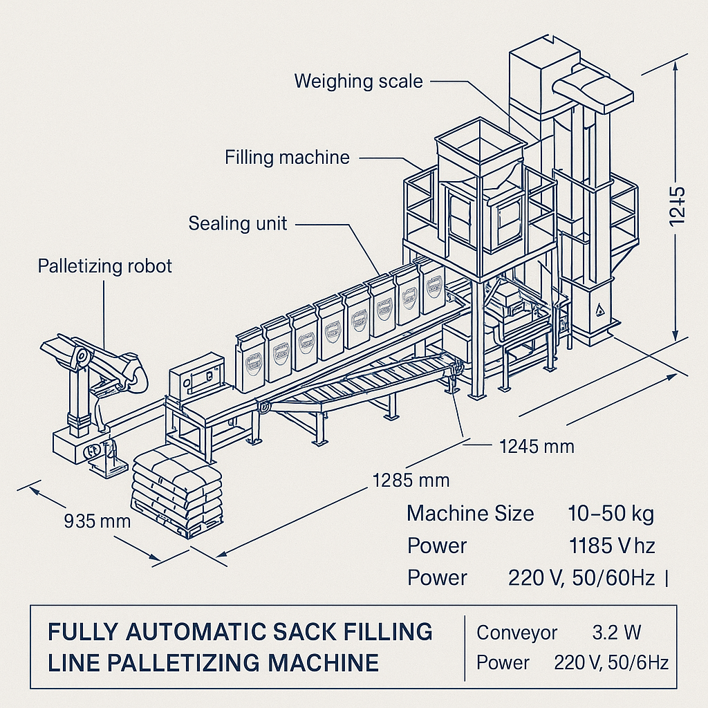 Fully Automatic Sack Filling Line Palletizing Machine — labelled 3D blueprint