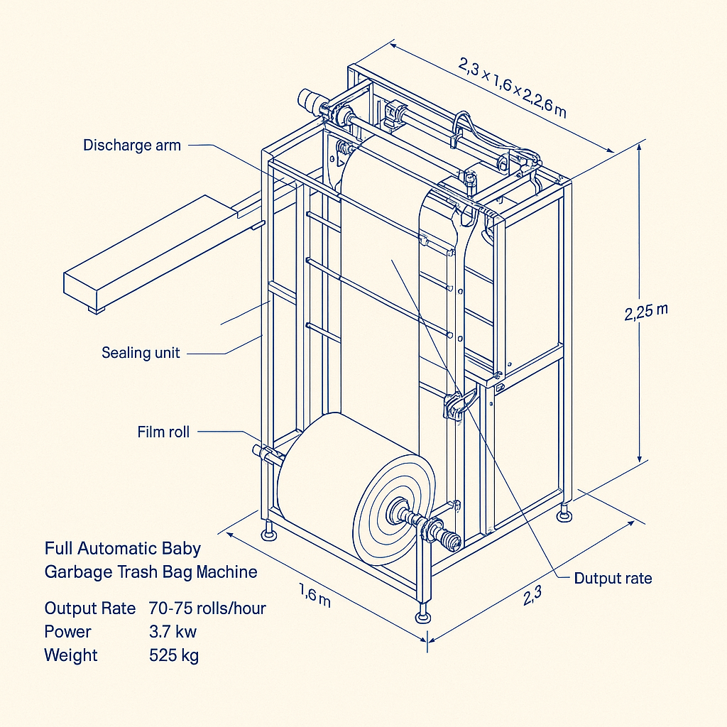 Full Automatic Baby Garbage Trash Bag Machine — labelled 3D blueprint
