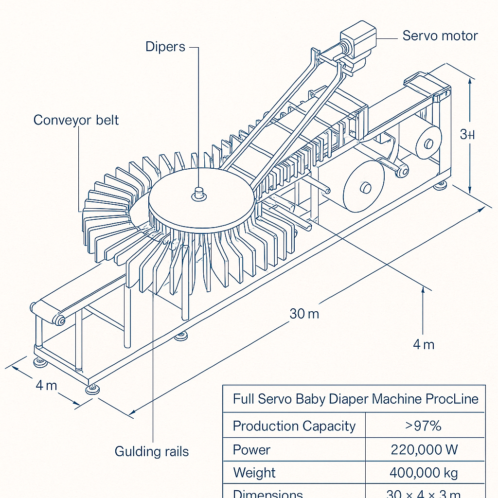 Full Servo Baby Diaper Machine Production Line — labelled 3D blueprint