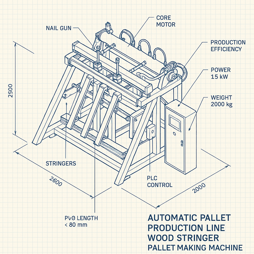 Automatic Pallet Production Line Wood Stringer Pallet Making Machine — labelled 3D blueprint