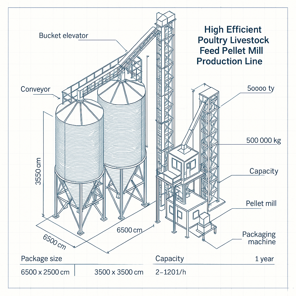High Efficient Poultry Livestock Feed Pellet Mill Production Line — labelled 3D blueprint