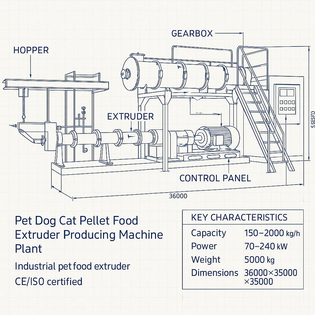 Pet Dog Cat Pellet Food Extruder Producing Machine Plant — labelled 3D blueprint