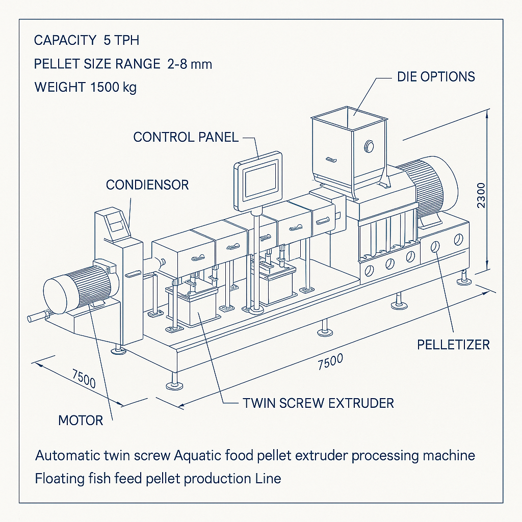 Automatic 5 Tph Twin Screw Aquatic Food Pellet Extruder Processing Machine Floating Fish Feed Pellet Production Line — labelled 3D blueprint