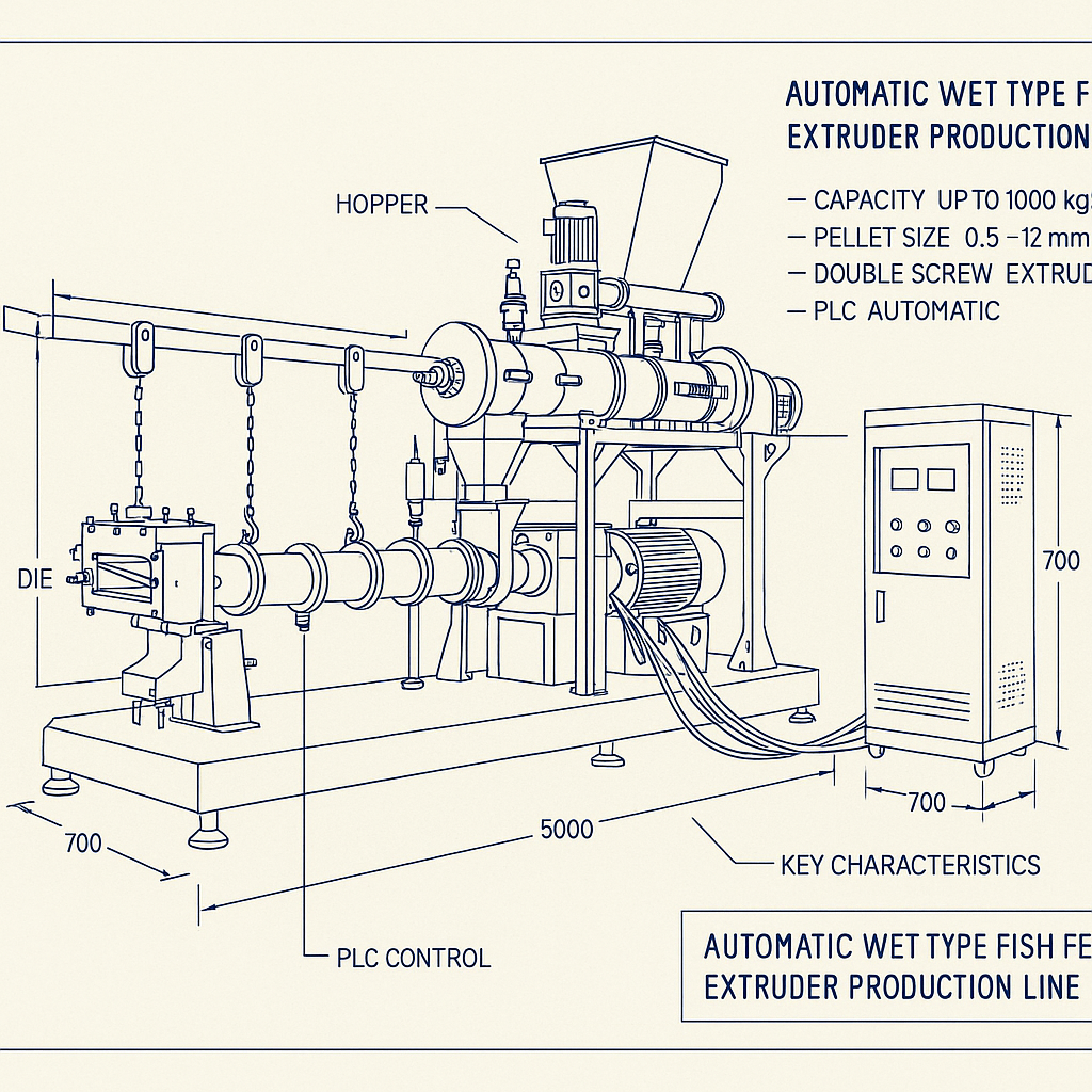 Automatic Wet Type Fish Feed Extruder Production Line — labelled 3D blueprint