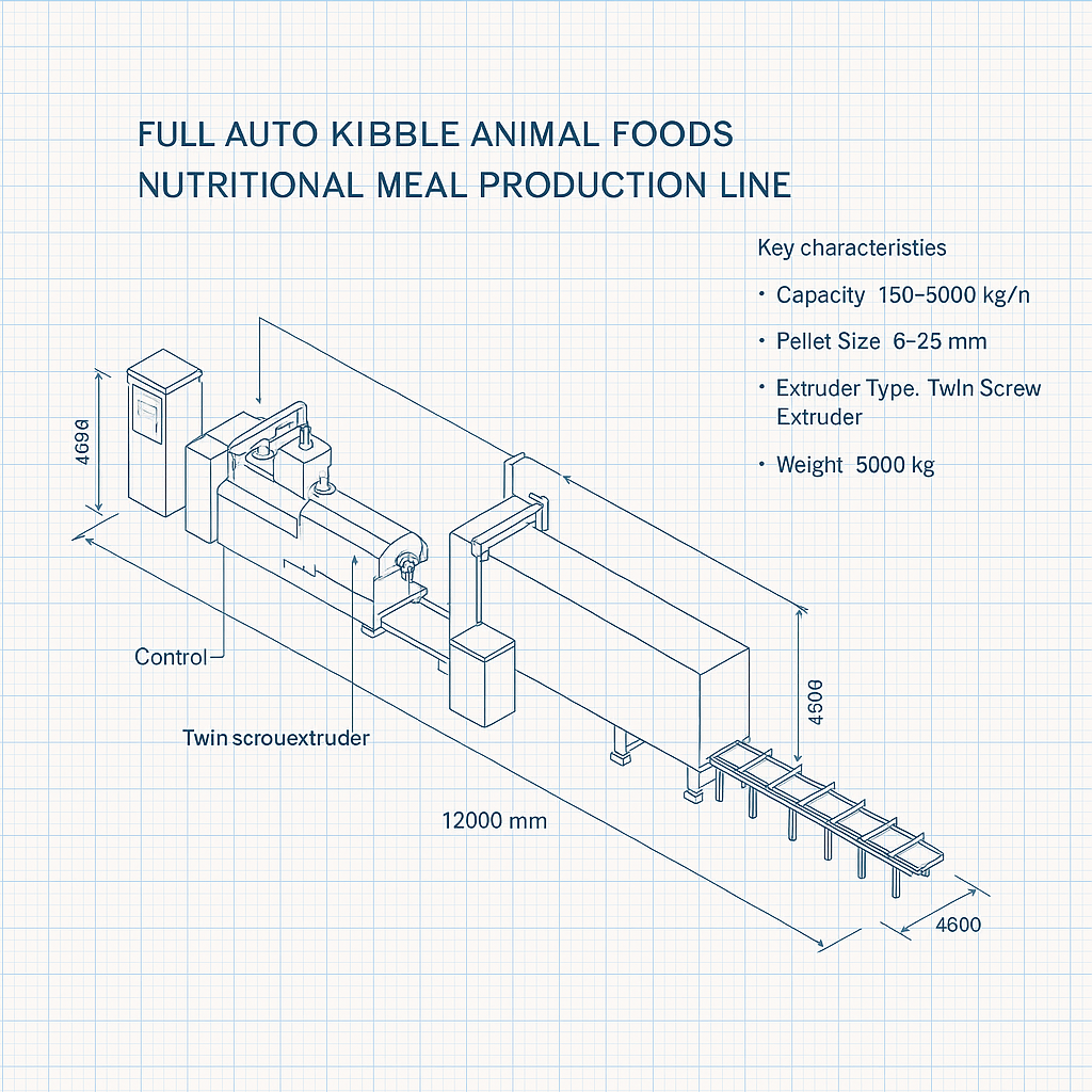 Full Auto Kibble Animal Foods Nutritional Meal Production Line — labelled 3D blueprint