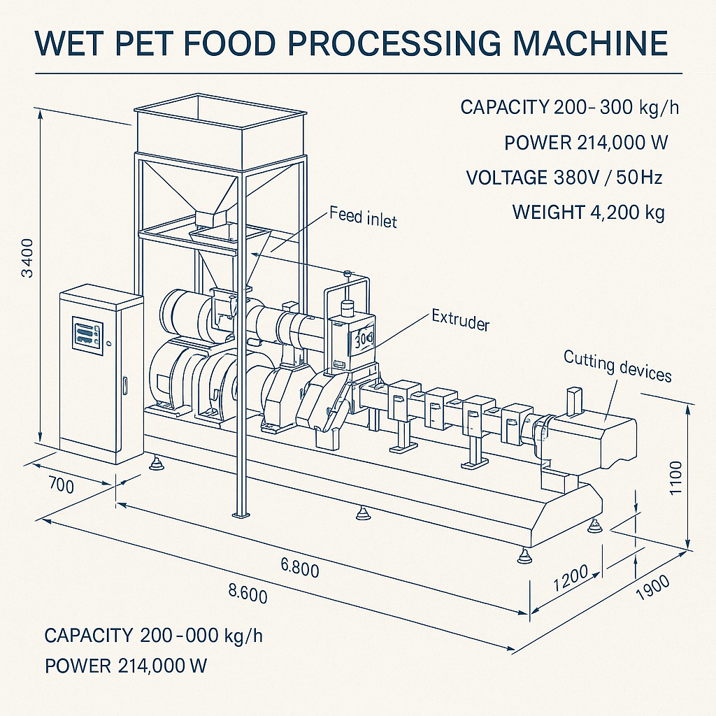 Wet Pet Food Processing Machine — labelled 3D blueprint