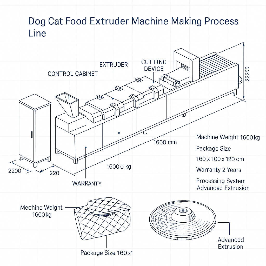 Dog Cat Food Extruder Machine Making Process Line — labelled 3D blueprint