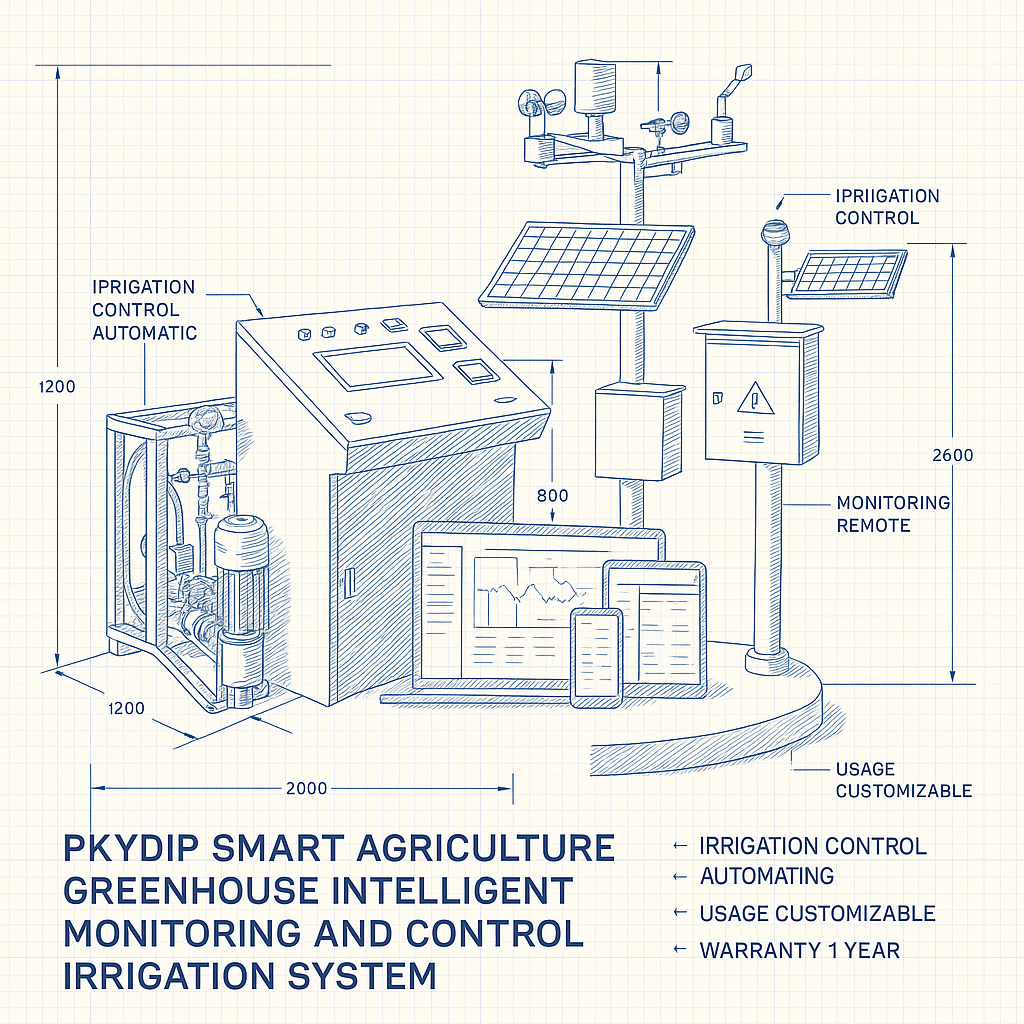 PKYDRIP Smart Agriculture Greenhouse Intelligent Monitoring and Control Irrigation System — labelled 3D blueprint