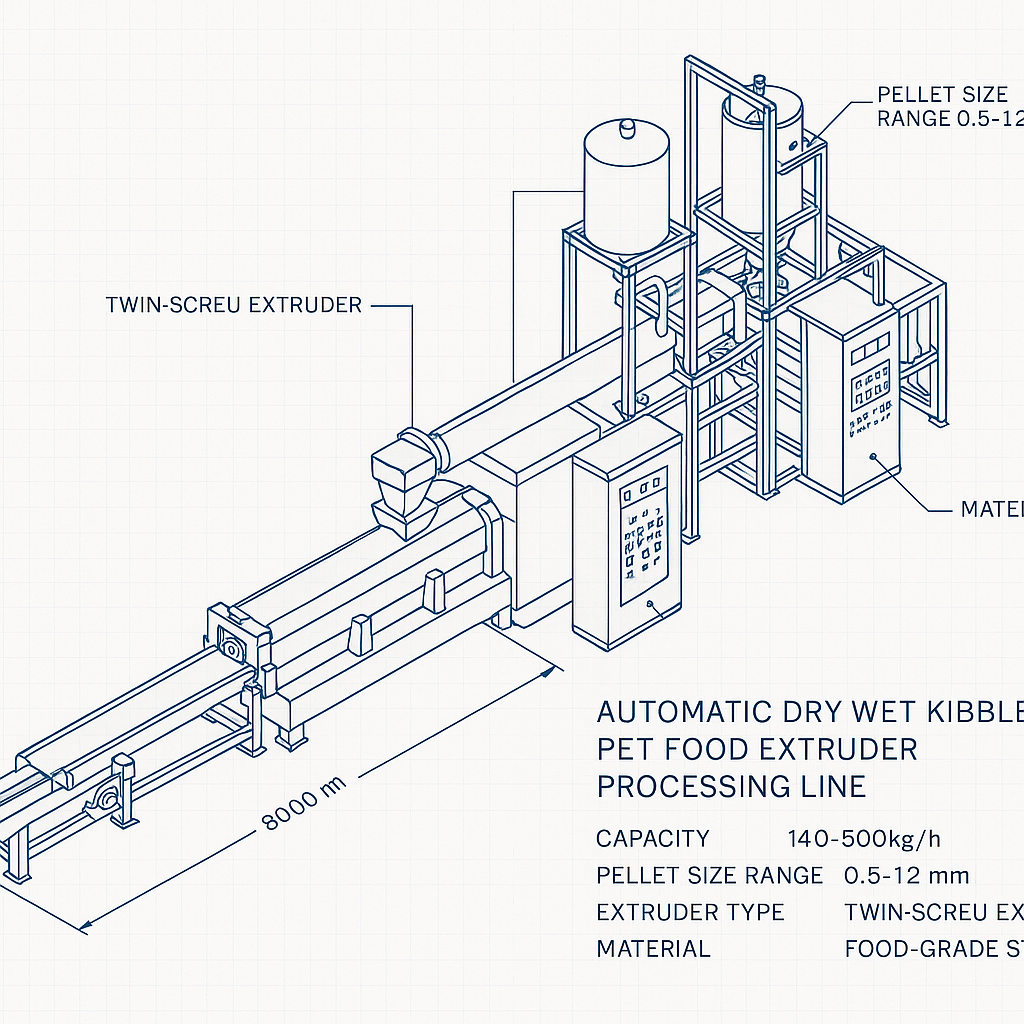 Automatic Dry Wet Kibble Pet Food Extruder Processing Line — labelled 3D blueprint