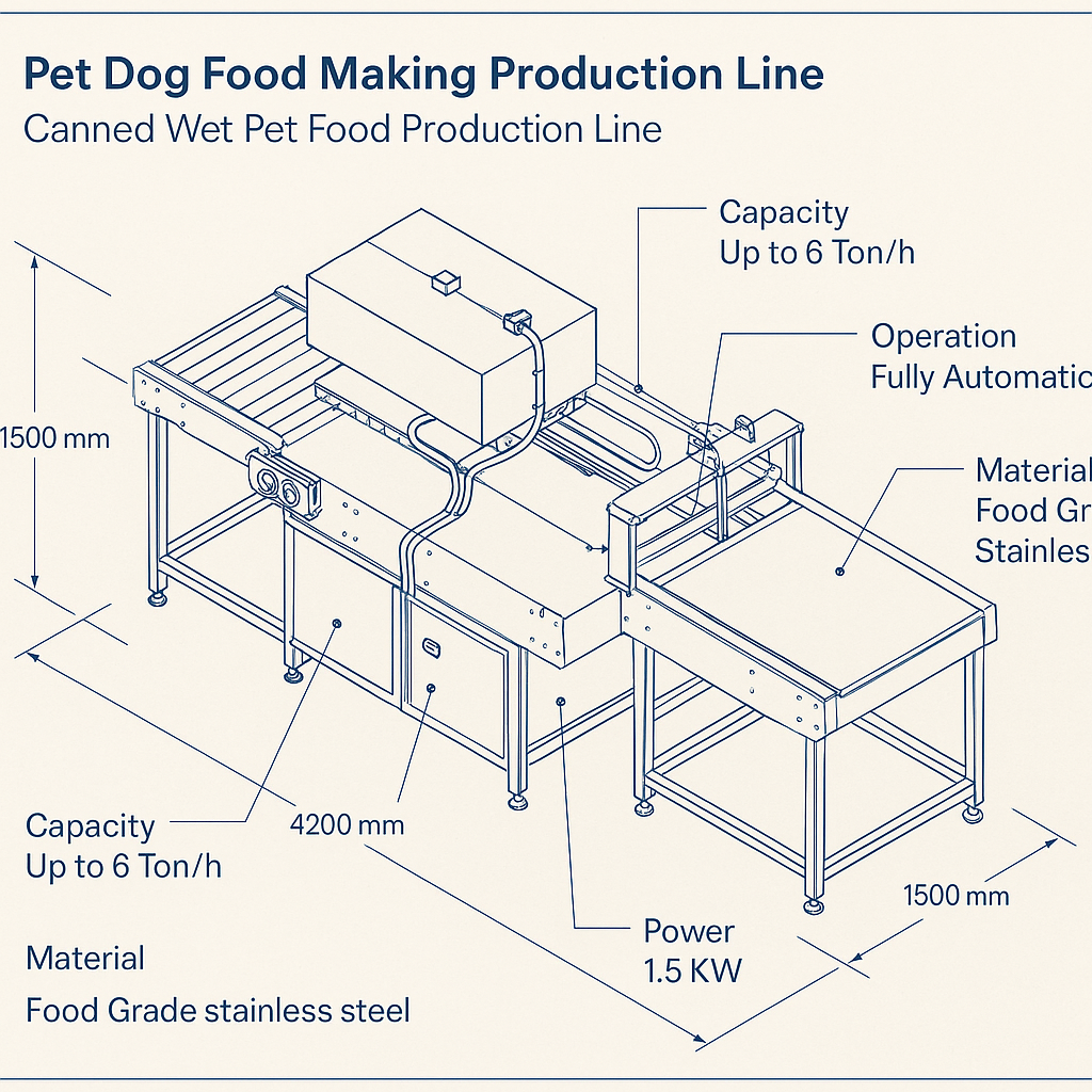 Pet Dog Food Making Production Line Canned Wet Pet Food Production Line — labelled 3D blueprint