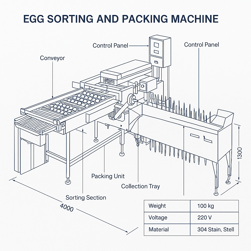 Egg Sorting And Packing Machine — labelled 3D blueprint