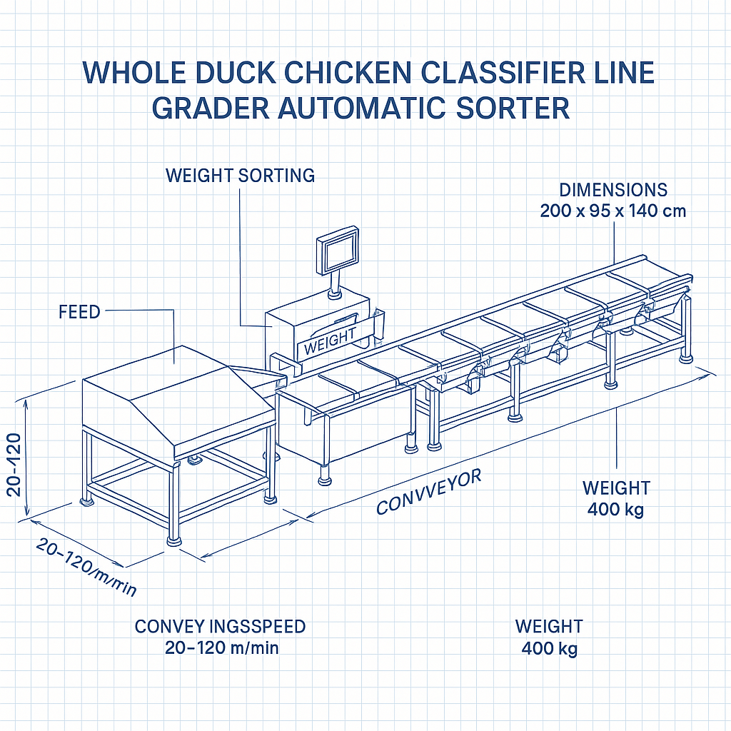 Whole Duck Chicken Classifier Line Grader Automatic Sorter — labelled 3D blueprint