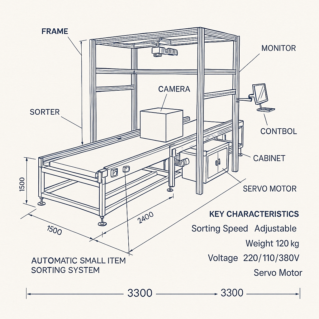 DWS Automatic Small Item Sorting System Parcel Sorter with Conveyors — labelled 3D blueprint