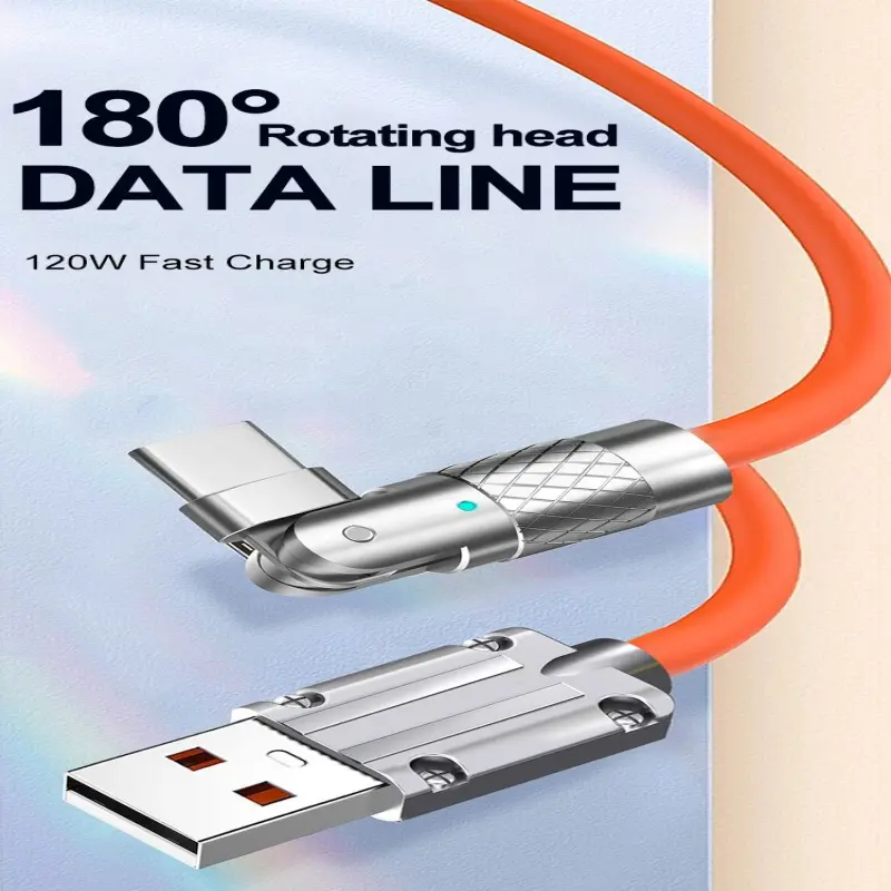 Rotatable PD 120W charger Cable Fast Charging Data Cord Zinc Alloy Cable Data USB to Type c Mobile Phone Cable