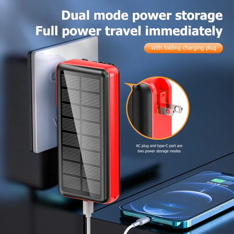 Fast Charging LED Light Phone Charger PD18W Outdoor External Battery Pack 30000mah Solar Power Bank