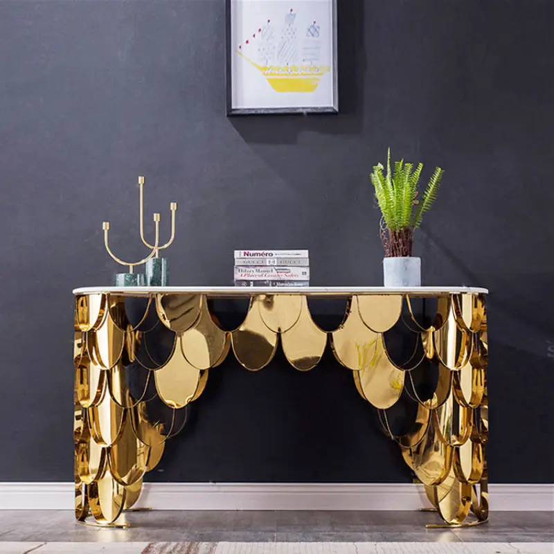 Modern Italy design home hallway table with marble and gold stainless steel mirror console table