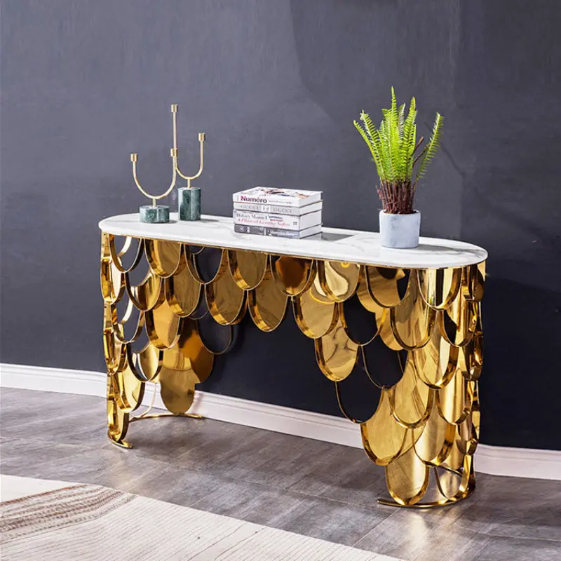 Modern Italy design home hallway table with marble and gold stainless steel mirror console table
