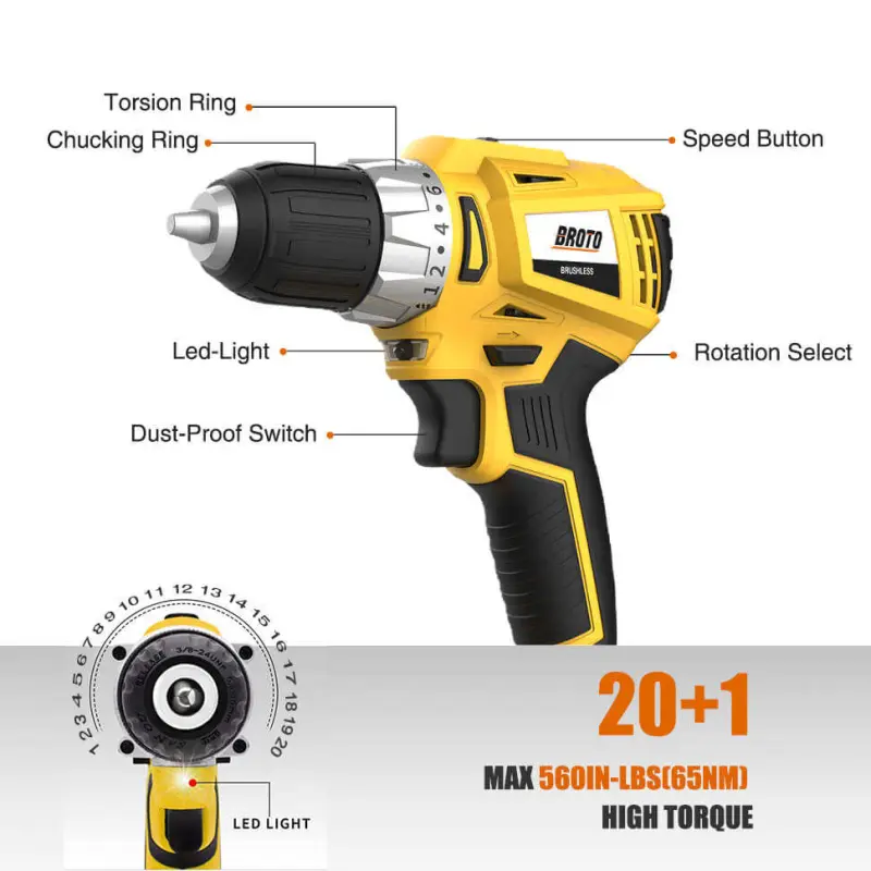 Power Drill Set with 575in-lb Torque 3 or 8-Inch Keyless Chuck Custom Drill Bits 2 Battery &amp; Charger